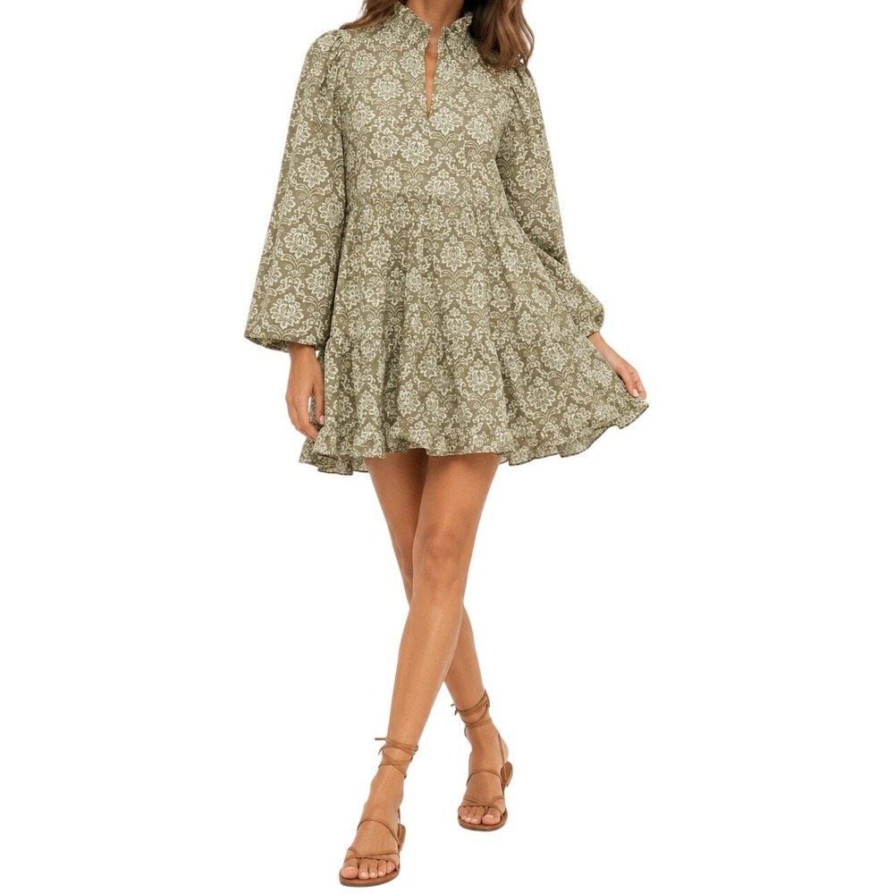 Hyacinth House Olive Floral Mini Dress Ruffle Babydoll Long Sleeve NWT XL